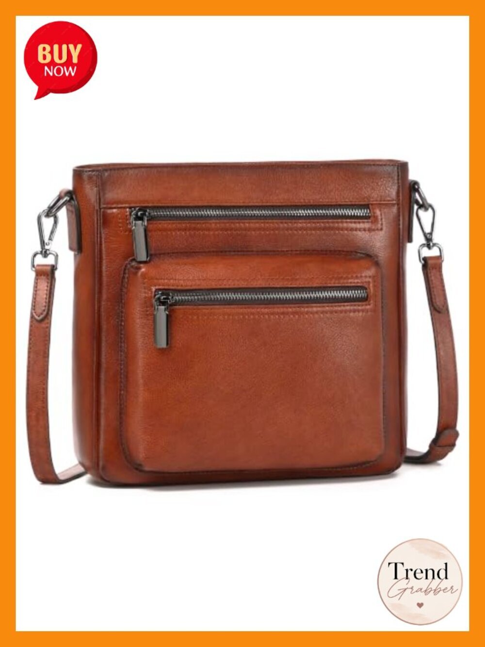Genuine Leather Crossbody Bag with Multi-Pockets, Adjustable Straps